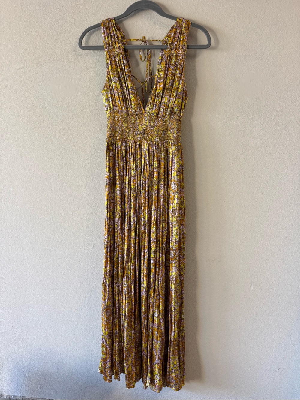 Yellow Floral Maxi Dress with V-Neck